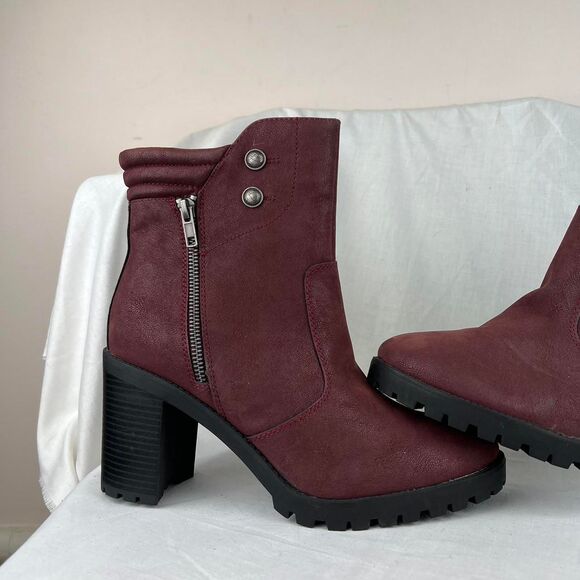 MIA Rider Lug Sole Ankle Boots Shoe Burgundy Wine Vegan Heel Zipper new size 10 - Picture 2 of 8